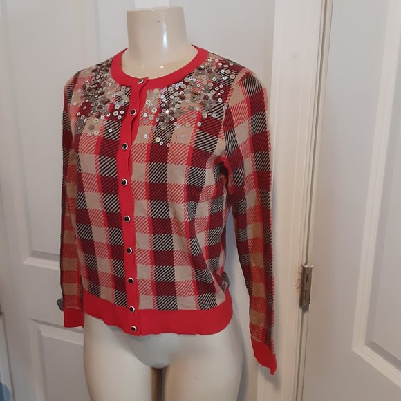 Charter Club Ravishing Red Sequined Plaid Cardigan Sweater - Picture 11 of 14